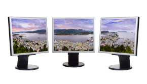 Panorama of Alesund, Norway, on three computer monitors