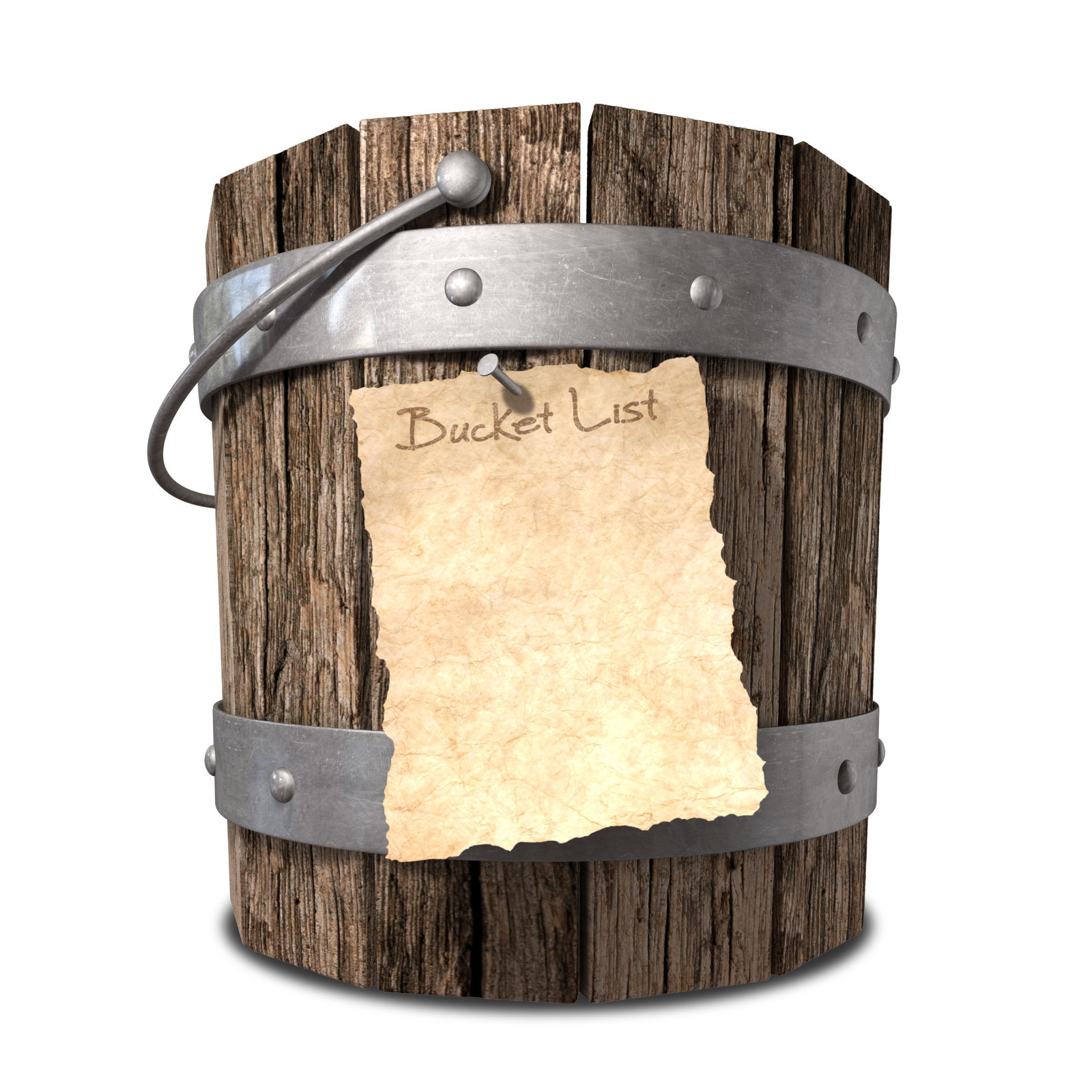 A vintage wooden bucket with metal ring supports and a handle and a aged paper attached to the front that reads "bucket list"