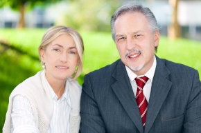 Business partners smiling in an urban setting