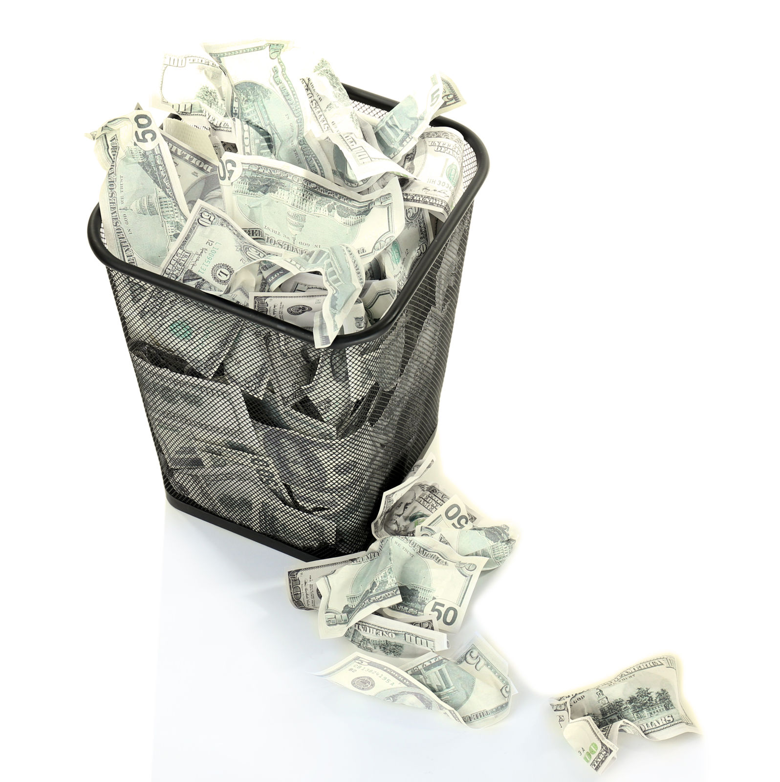 $50 bills in a wastebasket