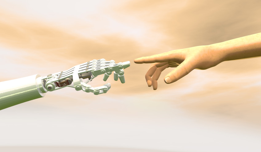 High quality 3D render of a robot hand touching a human hand, representing the relationship between human and artificial intelligence. Dramatic orange overcast sky.