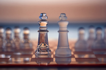 Two chess kings on a chessboard with other pieces in background