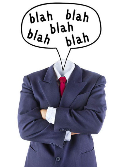 Invisible businessman saying "blah blah blah blah blah"