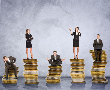 Businesspeople standing atop 5 stacks of coins