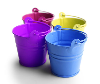 Four empty metal buckets
