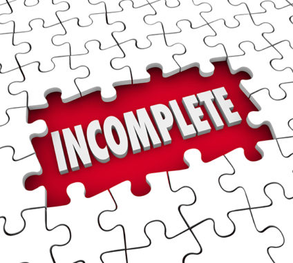 Jigsaw puzzle with pieces missing and word "incomplete" in gap