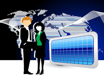 Illustration of two businesspeople against world map