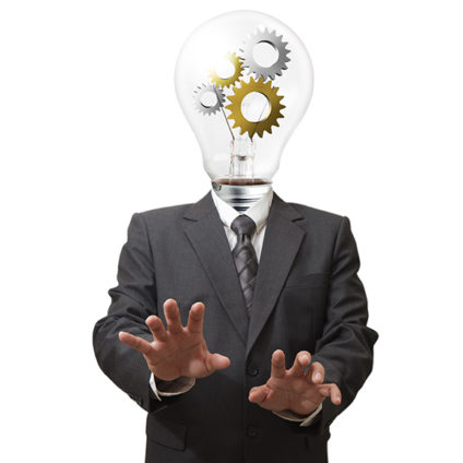 Businessman with hands extended; head is light bulb with gears inside