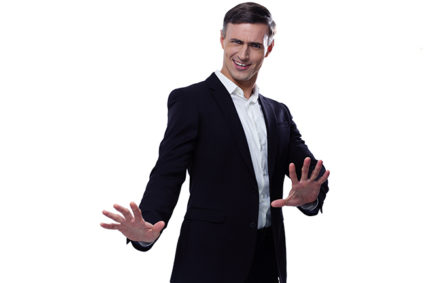 Businessman expressing refusal with open hands