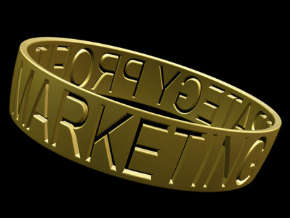 Ring engraved with words marketing, strategy, profit