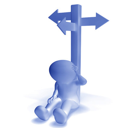 Confused figure sitting at base of signpost with three directional arrows