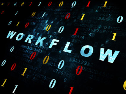 Pixelated blue text "workflow" on binary code background