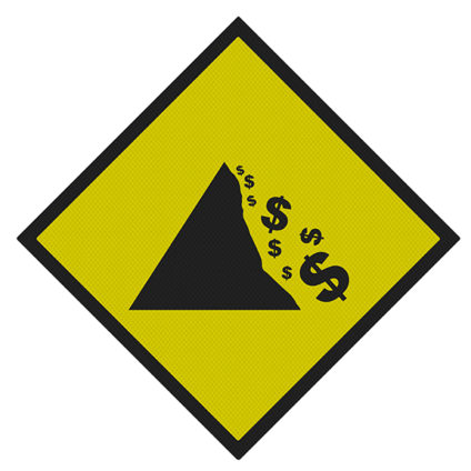 A road sign depicting falling dollars