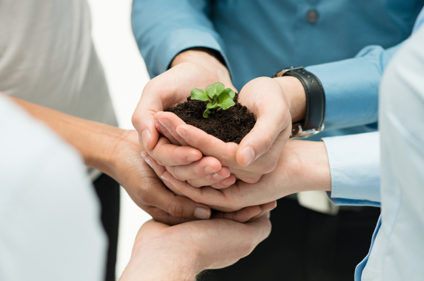 Businesspeople coming together to cup hands and hold dirt and a seedling