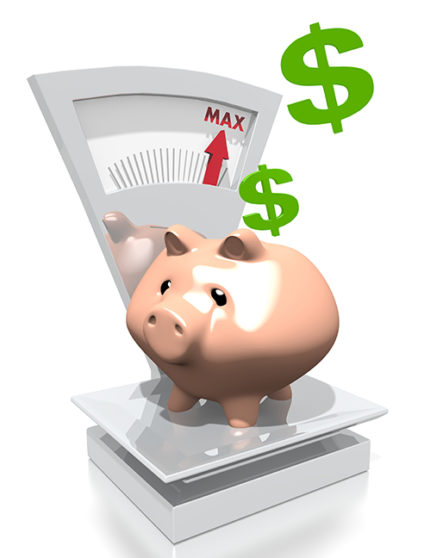 Piggy bank on scale with dollar signs