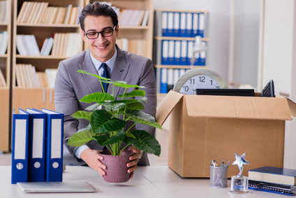 New employee smiling and placing a plant on his desk