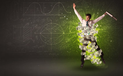 Cheerful businesman jumping with dollar banknotes around him on background